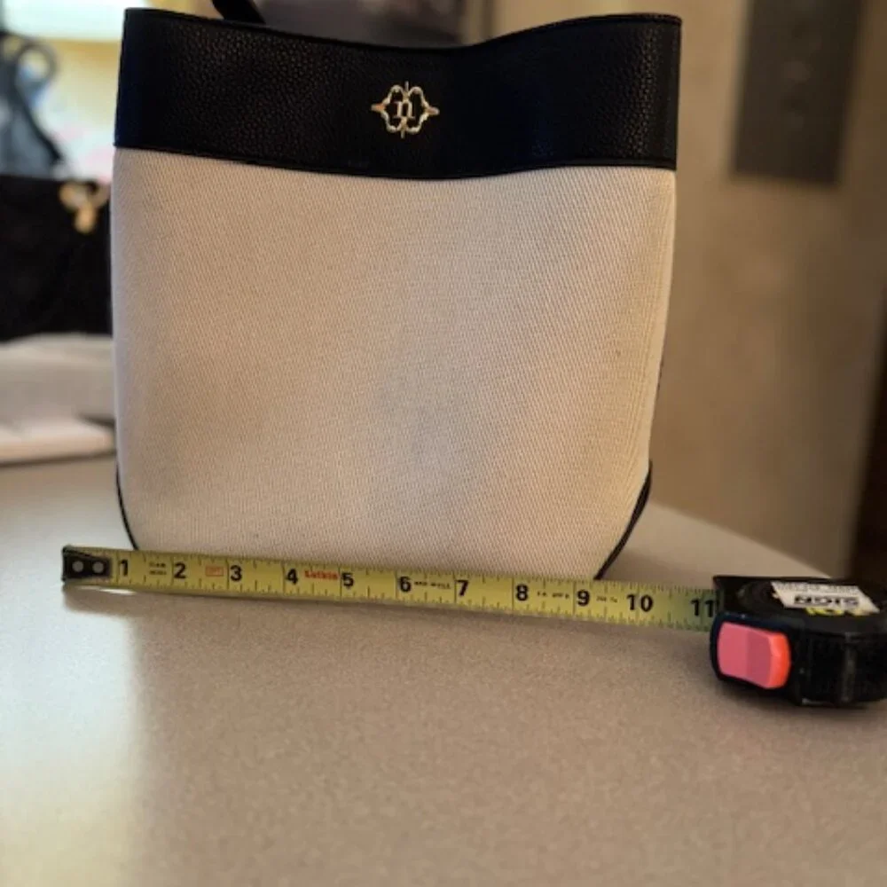 Nanette Lepore black leather and beige canvas shoulder handbag (#102) - Picture 3 of 8